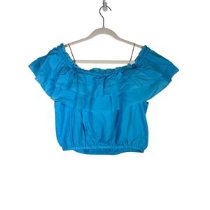 Trina Turk Solange Blue Off Shoulder Ruffle Crop Women's Large